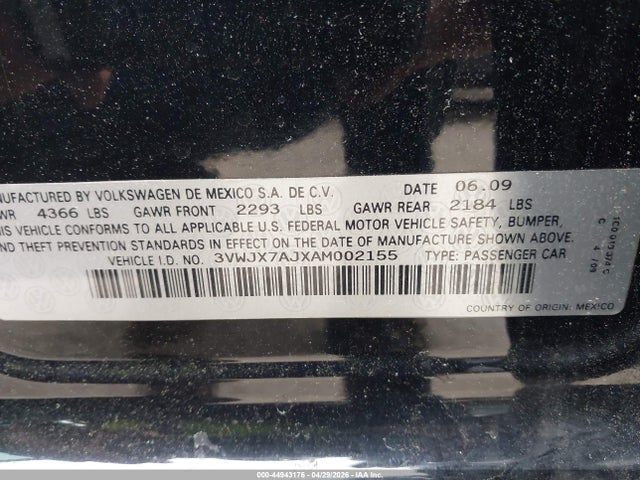 Продаж на аукціоні авто 2010 Volkswagen Jetta S, vin: 3VWJX7AJXAM002155, номер лоту: 44943176
