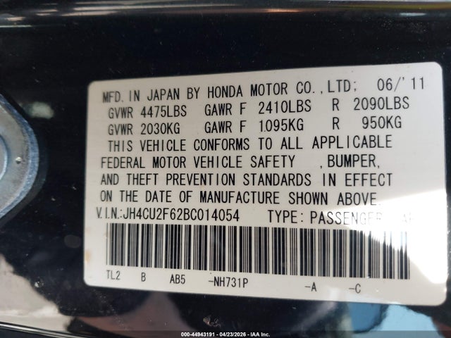 Продажа на аукционе авто 2011 Acura Tsx 2.4, vin: JH4CU2F62BC014054, номер лота: 44943191