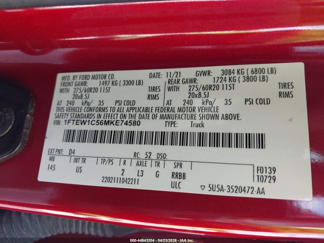 Продажа на аукционе авто 2021 Ford F-150 Xlt, vin: 1FTEW1C56MKE74580, номер лота: 44943204