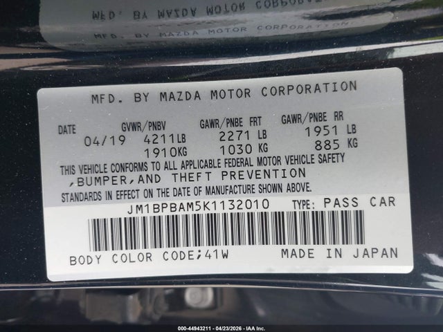 Продажа на аукционе авто 2019 Mazda Mazda3 Select Package, vin: JM1BPBAM5K1132010, номер лота: 44943211