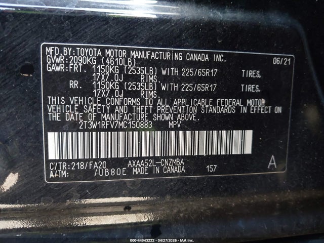 44943222 :رقم المزاد ، 2T3W1RFV7MC150883 vin ، 2021 Toyota Rav4 Xle مزاد بيع
