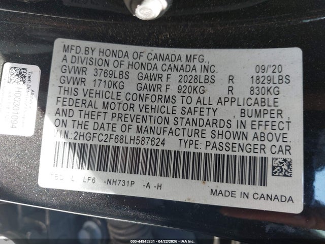 2020 Honda Civic Lx მანქანა იყიდება აუქციონზე, vin: 2HGFC2F68LH587624, აუქციონის ნომერი: 44943231