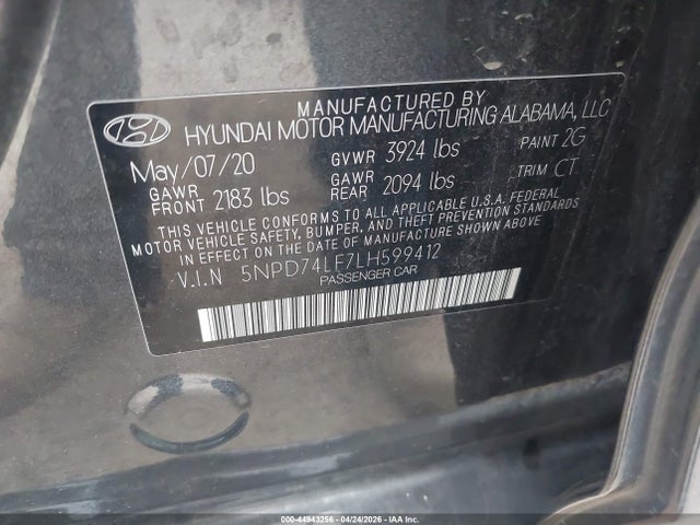 5NPD74LF7LH599412 Hyundai ELANTRA SE