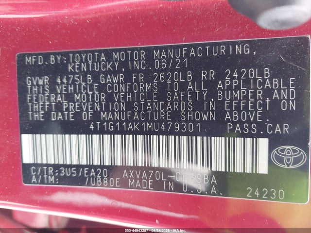 44943257 :رقم المزاد ، 4T1G11AK1MU479301 vin ، 2021 Toyota Camry Se مزاد بيع