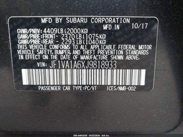 Aukcja sprzedaży 2018 Subaru Wrx, vin: JF1VA1A6XJ9818933, numer aukcji: 44943258