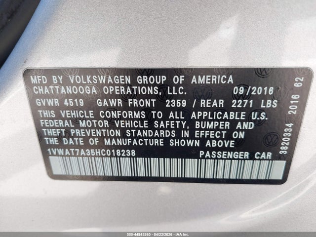 1VWAT7A35HC018238 Volkswagen Passat 1.8t S