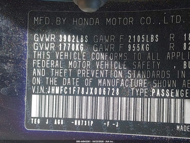 Aukcja sprzedaży 2018 Honda Civic Ex-l, vin: JHMFC1F78JX006728, numer aukcji: 44943261