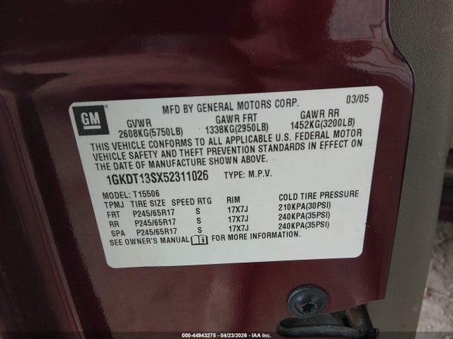 44943275 :رقم المزاد ، 1GKDT13SX52311026 vin ، 2005 Gmc Envoy Sle مزاد بيع