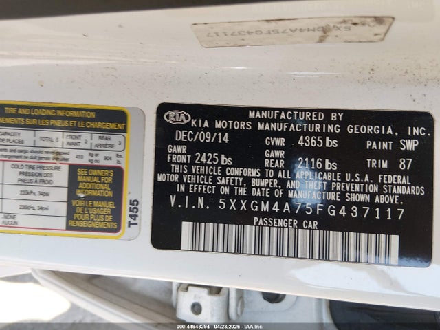 2015 Kia Optima Lx მანქანა იყიდება აუქციონზე, vin: 5XXGM4A75FG437117, აუქციონის ნომერი: 44943294