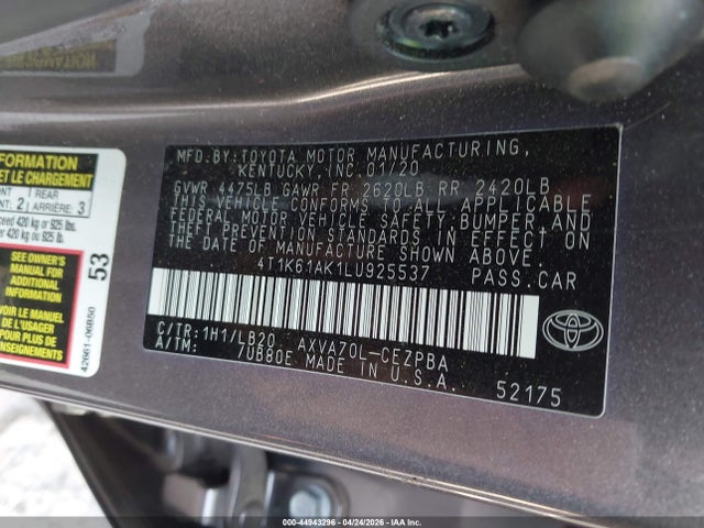 Aukcja sprzedaży 2020 Toyota Camry Xse, vin: 4T1K61AK1LU925537, numer aukcji: 44943296