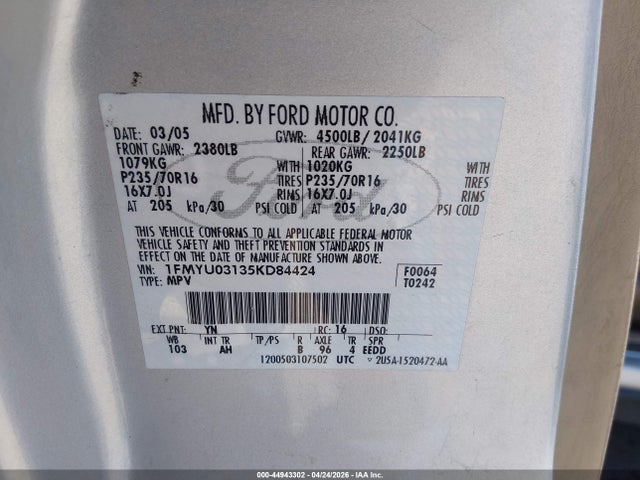 Auction sale of the 2005 Ford Escape Xlt, vin: 1FMYU03135KD84424, lot number: 44943302