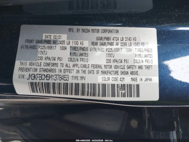 44943305 :رقم المزاد ، JM3KFBCM5M1378453 vin ، 2021 Mazda Cx-5 Touring مزاد بيع