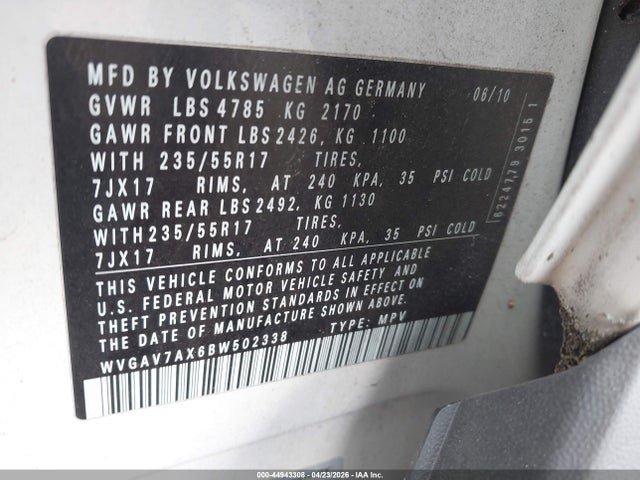 Aukcja sprzedaży 2011 Volkswagen Tiguan Se, vin: WVGAV7AX6BW502338, numer aukcji: 44943308