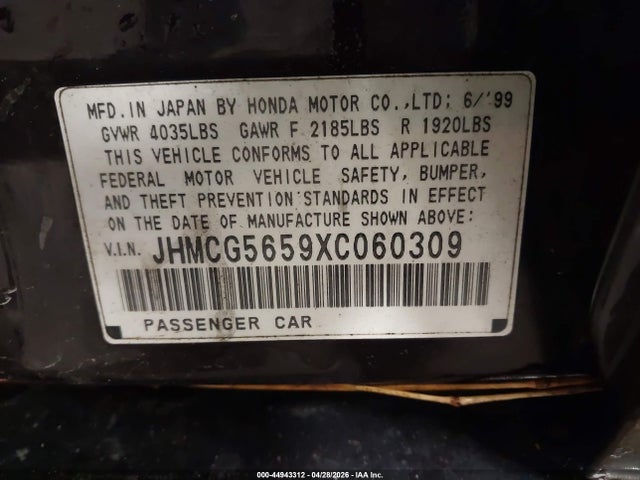 1999 Honda Accord Ex მანქანა იყიდება აუქციონზე, vin: JHMCG5659XC060309, აუქციონის ნომერი: 44943312