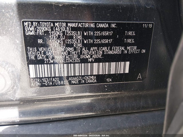 2020 Toyota Rav4 Xle მანქანა იყიდება აუქციონზე, vin: 2T3W1RFVXLC042305, აუქციონის ნომერი: 44943334