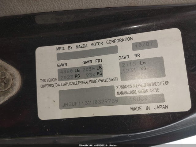 44943341 :رقم المزاد ، JM2UF1132J0329780 vin ، 1988 Mazda B2200 Short Bed مزاد بيع