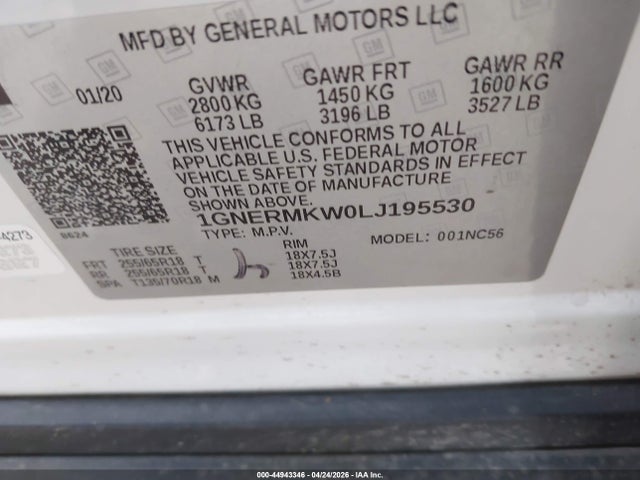 2020 Chevrolet Traverse Fwd 2fl მანქანა იყიდება აუქციონზე, vin: 1GNERMKW0LJ195530, აუქციონის ნომერი: 44943346