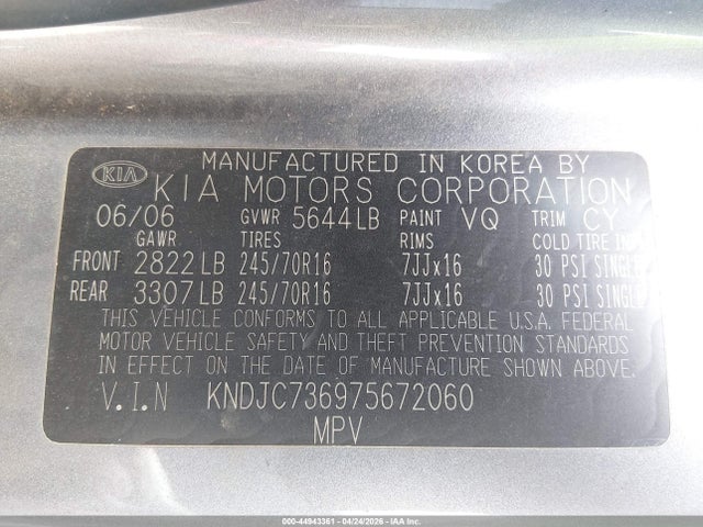 44943361 :رقم المزاد ، KNDJC736975672060 vin ، 2007 Kia Sorento Ex مزاد بيع