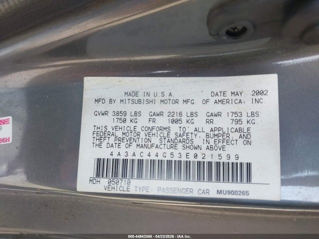 Продаж на аукціоні авто 2003 Mitsubishi Eclipse Gs, vin: 4A3AC44G53E021599, номер лоту: 44943368