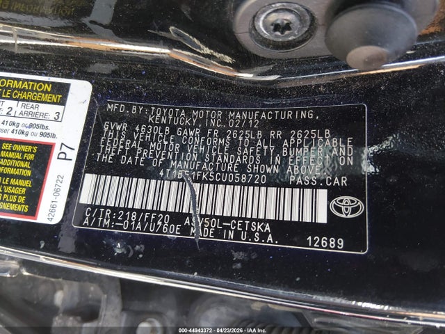 Aukcja sprzedaży 2012 Toyota Camry Se, vin: 4T1BF1FK5CU058720, numer aukcji: 44943372