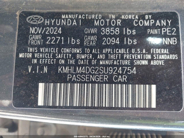 Продажа на аукционе авто 2025 Hyundai Elantra Sel Sport, vin: KMHLM4DG2SU924754, номер лота: 44943375
