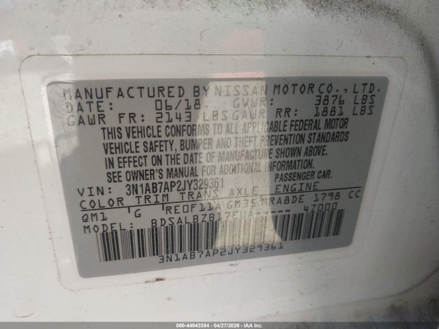 44943384 :رقم المزاد ، 3N1AB7AP2JY329361 vin ، 2018 Nissan Sentra S مزاد بيع