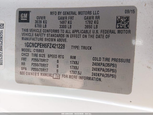 Продаж на аукціоні авто 2015 Chevrolet Silverado 1500 Wt, vin: 1GCNCPEH6FZ421228, номер лоту: 44943388