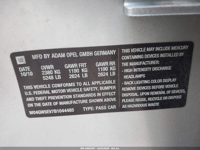 2011 Buick Regal Cxl Turbo Russelsheim მანქანა იყიდება აუქციონზე, vin: W04GW5EV7B1044485, აუქციონის ნომერი: 44943391