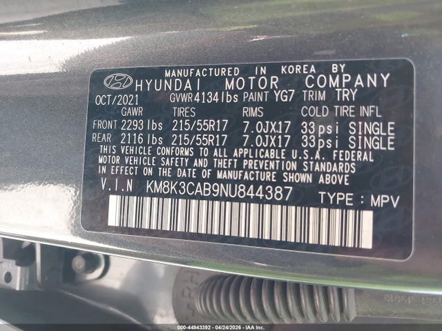 Продажа на аукционе авто 2022 Hyundai Kona Sel, vin: KM8K3CAB9NU844387, номер лота: 44943392