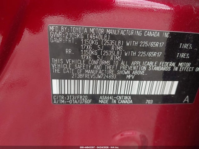 Aukcja sprzedaży 2018 Toyota Rav4 Le, vin: 2T3BFREV5JW724893, numer aukcji: 44943397