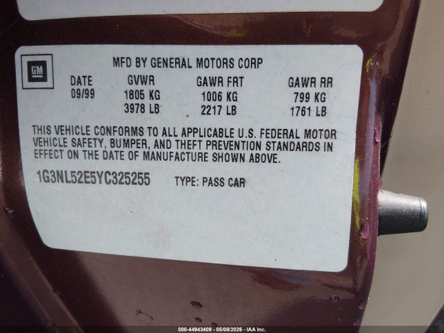 44943409 :رقم المزاد ، 1G3NL52E5YC325255 vin ، 2000 Oldsmobile Alero Gl3 مزاد بيع