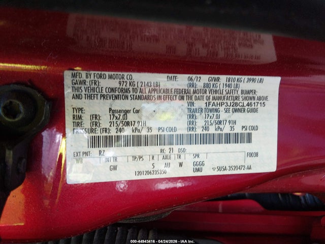 Aukcja sprzedaży 2012 Ford Focus Titanium, vin: 1FAHP3J28CL461715, numer aukcji: 44943416