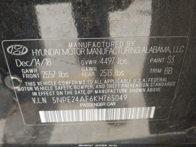 2019 Hyundai Sonata Se მანქანა იყიდება აუქციონზე, vin: 5NPE24AF6KH765049, აუქციონის ნომერი: 44943417