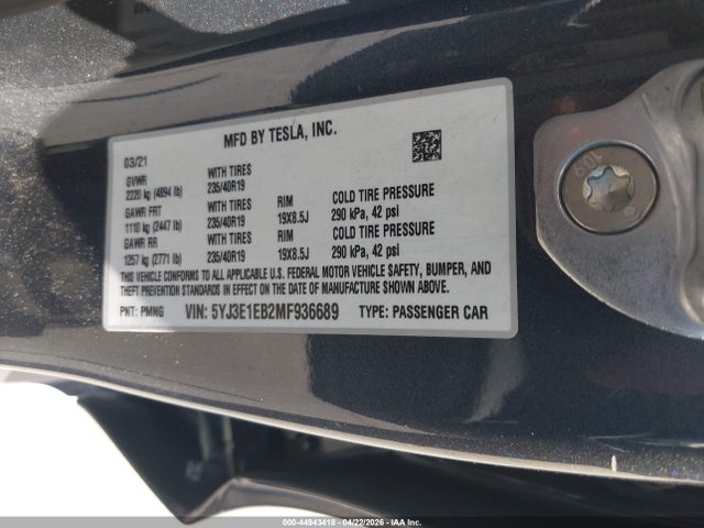 Aukcja sprzedaży 2021 Tesla Model 3 Long Range Dual Motor All-wheel Drive, vin: 5YJ3E1EB2MF936689, numer aukcji: 44943418