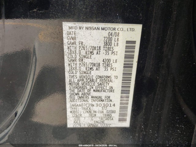 2009 Nissan Titan Se მანქანა იყიდება აუქციონზე, vin: 1N6AA07C39N303014, აუქციონის ნომერი: 44943419