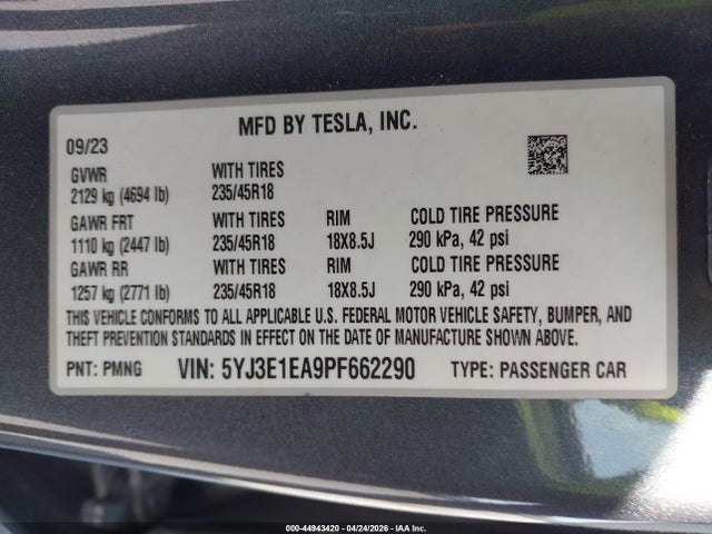 2023 Tesla Model 3 Rear-wheel Drive მანქანა იყიდება აუქციონზე, vin: 5YJ3E1EA9PF662290, აუქციონის ნომერი: 44943420