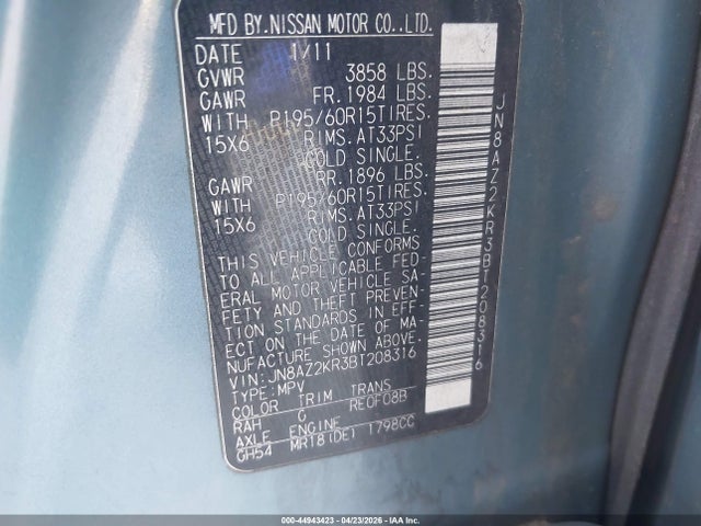 Продаж на аукціоні авто 2011 Nissan Cube 1.8s, vin: JN8AZ2KR3BT208316, номер лоту: 44943423