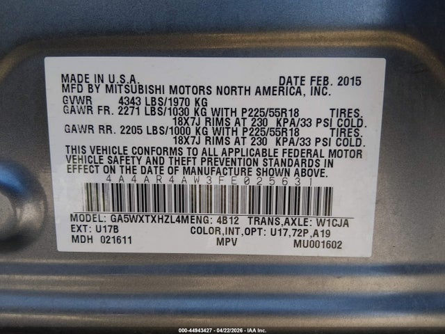 Aukcja sprzedaży 2015 Mitsubishi Outlander Sport Gt, vin: 4A4AR4AW3FE025631, numer aukcji: 44943427