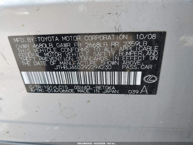 Aukcja sprzedaży 2009 Lexus Es 350, vin: JTHBJ46G292294230, numer aukcji: 44943436