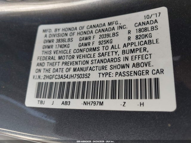 Продажа на аукционе авто 2018 Honda Civic Si, vin: 2HGFC3A54JH750352, номер лота: 44943439