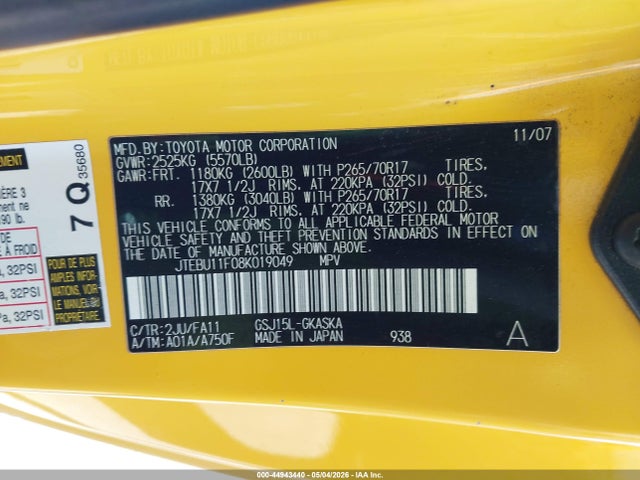 Aukcja sprzedaży 2008 Toyota Fj Cruiser, vin: JTEBU11F08K019049, numer aukcji: 44943440