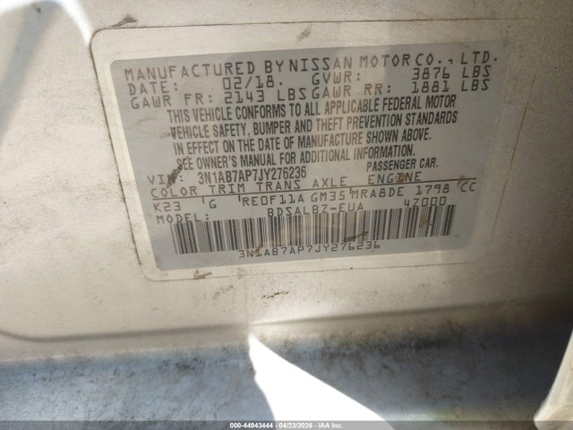 Aukcja sprzedaży 2018 Nissan Sentra S, vin: 3N1AB7AP7JY276236, numer aukcji: 44943444