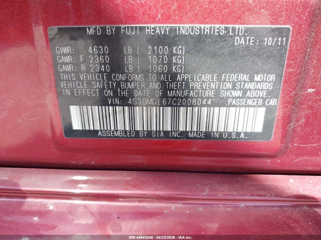 44943446 :رقم المزاد ، 4S3BMDL67C2008044 vin ، 2012 Subaru Legacy 3.6r Limited مزاد بيع