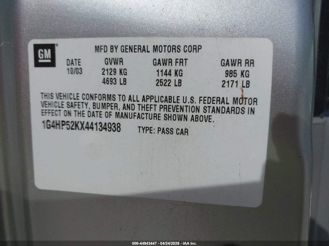 2004 Buick Lesabre Custom მანქანა იყიდება აუქციონზე, vin: 1G4HP52KX44134938, აუქციონის ნომერი: 44943447