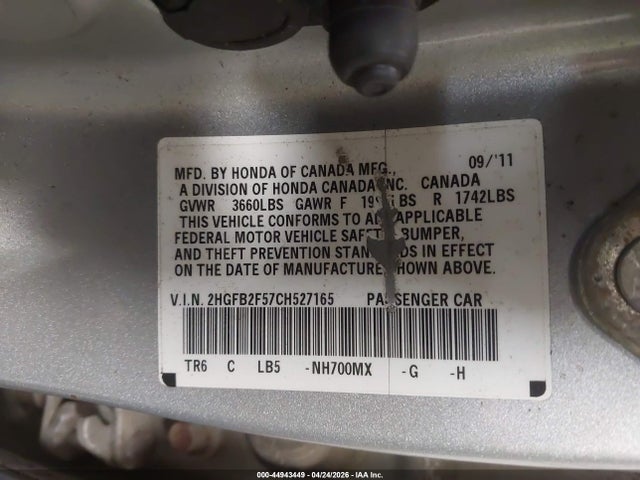 2012 Honda Civic Lx მანქანა იყიდება აუქციონზე, vin: 2HGFB2F57CH527165, აუქციონის ნომერი: 44943449