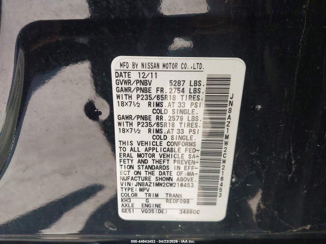 44943452 :رقم المزاد ، JN8AZ1MW2CW216453 vin ، 2012 Nissan Murano S مزاد بيع