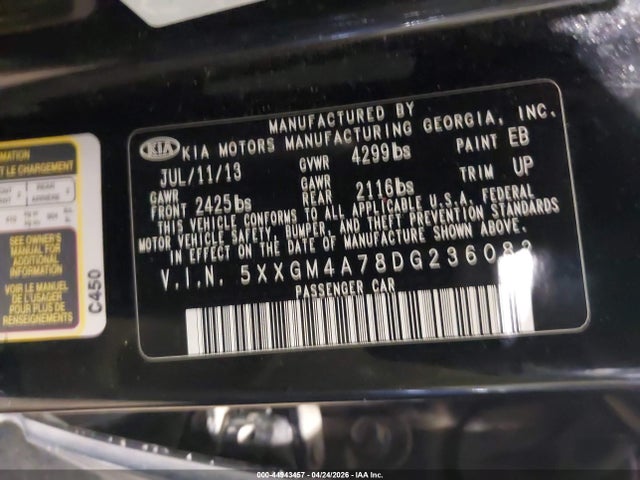 44943457 :رقم المزاد ، 5XXGM4A78DG236082 vin ، 2013 Kia Optima Lx مزاد بيع
