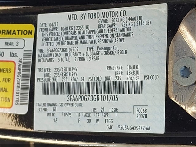 Продаж на аукціоні авто 2016 Ford Fusion S, vin: 3FA6P0G73GR101705, номер лоту: 44943460