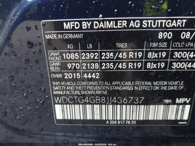 Aukcja sprzedaży 2018 Mercedes-benz Gla 250 4matic, vin: WDCTG4GB8JJ436737, numer aukcji: 44943464