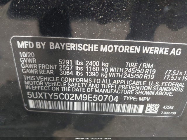 Продаж на аукціоні авто 2021 Bmw X3 Xdrive30i, vin: 5UXTY5C02M9E50704, номер лоту: 44943480